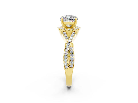 Yellow gold Cushion Cut Moissanite Halo Twist Band Solitaire Prong Setting Ring_2