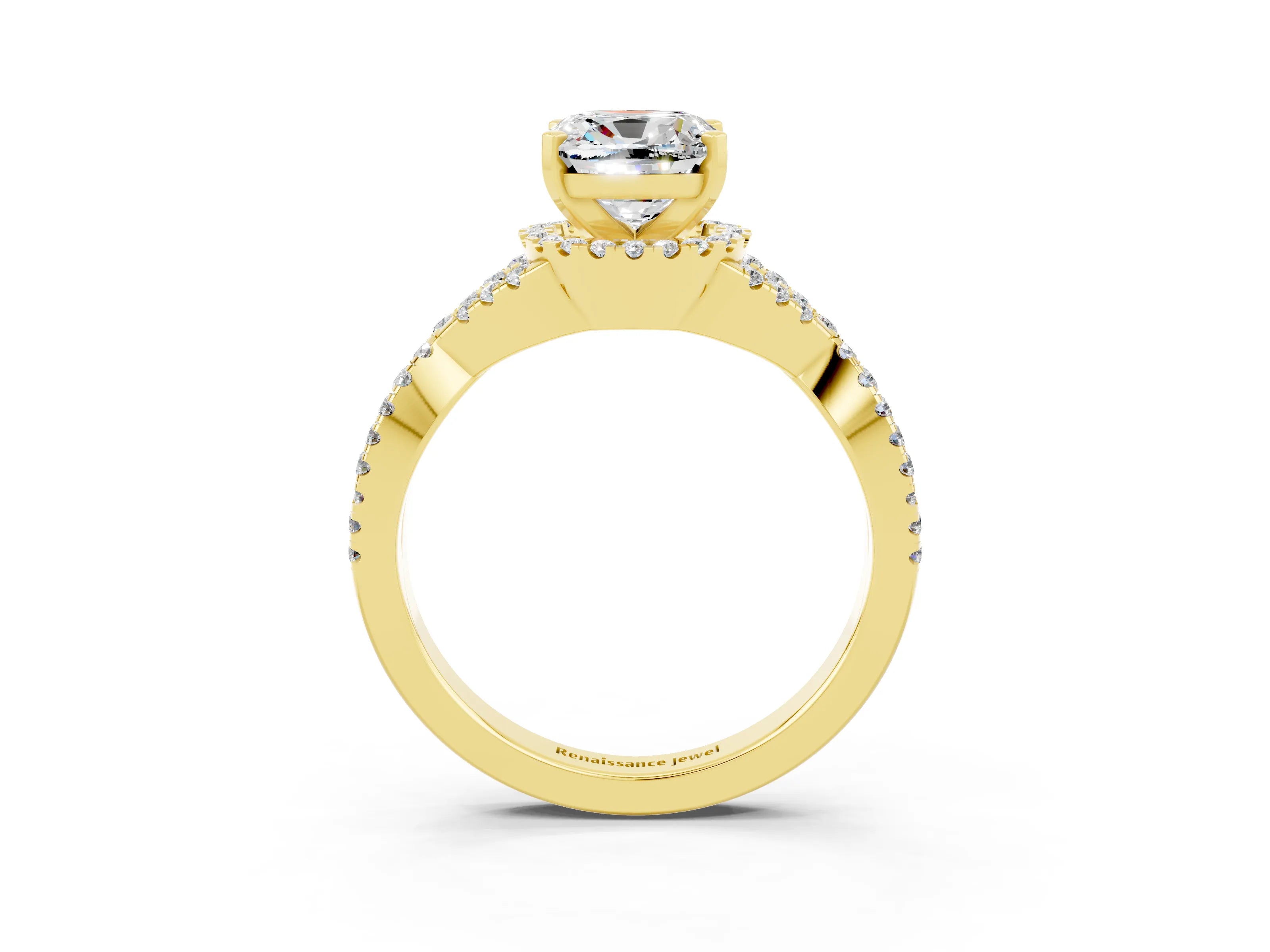 Yellow gold Cushion Cut Moissanite Halo Twist Band Solitaire Prong Setting Ring_3