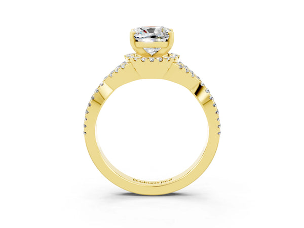 Yellow gold Cushion Cut Moissanite  Halo Twist Band Solitaire Prong Setting Ring