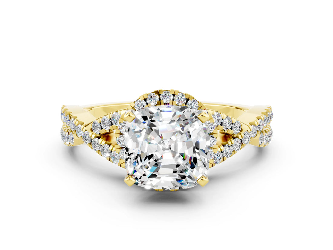 Yellow gold Cushion Cut Moissanite  Halo Twist Band Solitaire Prong Setting Ring_42