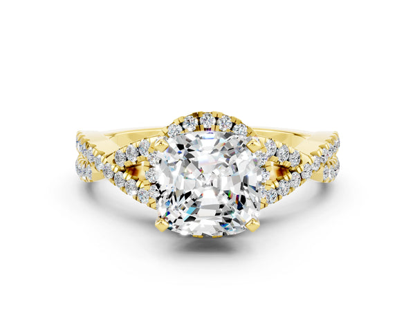 Yellow gold Cushion Cut Moissanite  Halo Twist Band Solitaire Prong Setting Ring