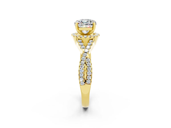 Yellow gold Cushion Cut Moissanite  Halo Twist Band Solitaire Prong Setting Ring