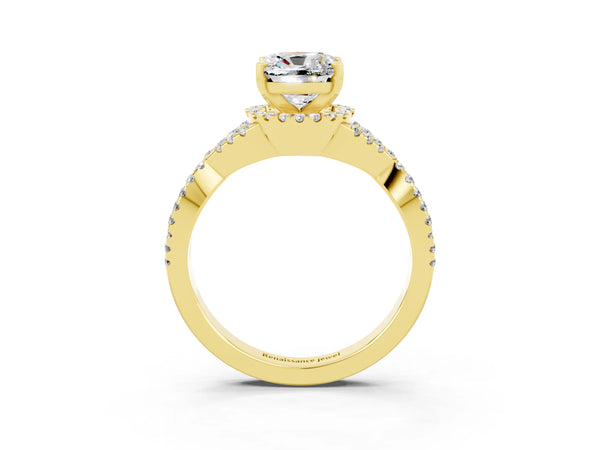 Yellow gold Cushion Cut Moissanite  Halo Twist Band Solitaire Prong Setting Ring