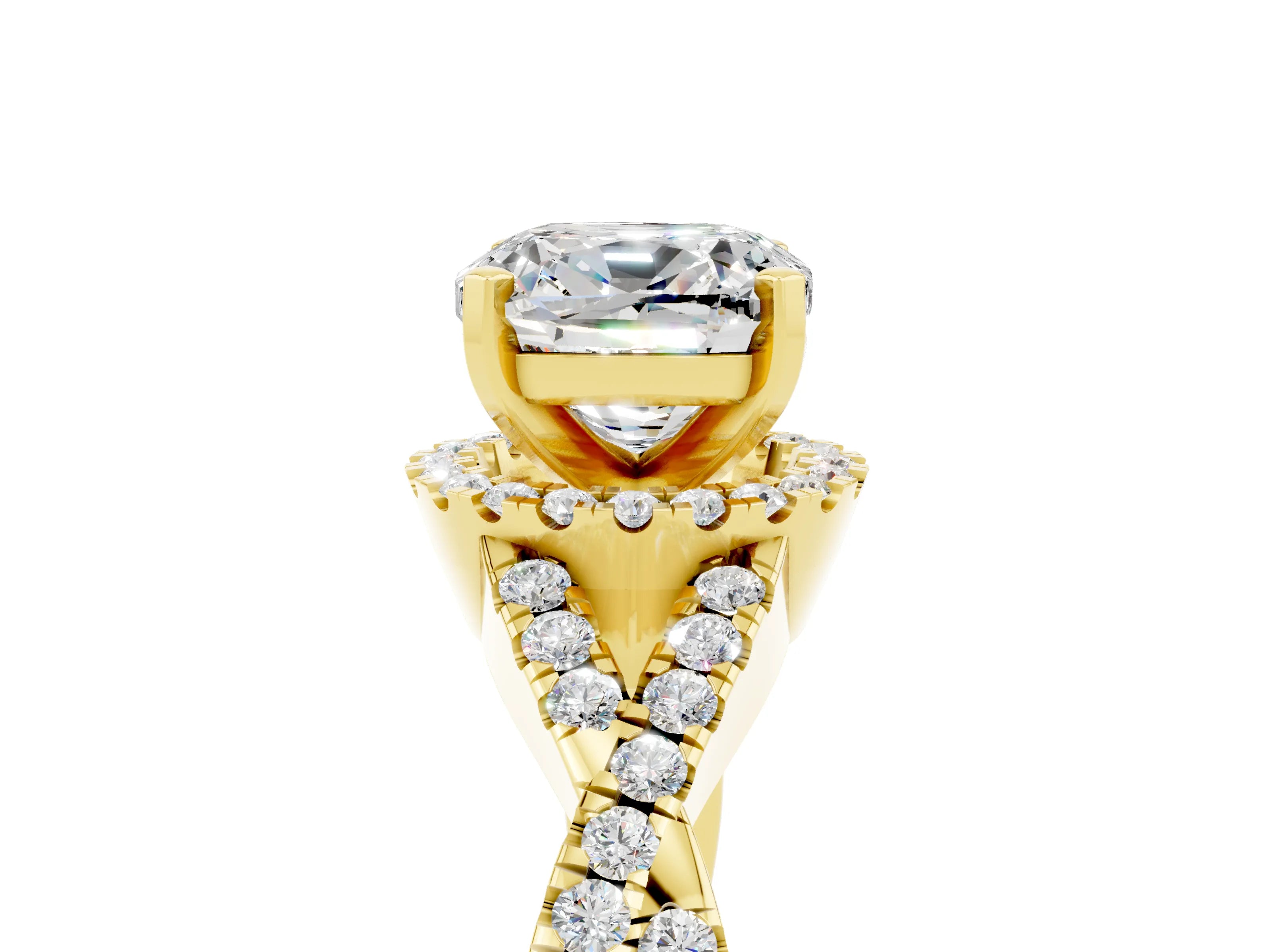 Yellow gold Cushion Cut Moissanite Halo Twist Band Solitaire Prong Setting Ring_5