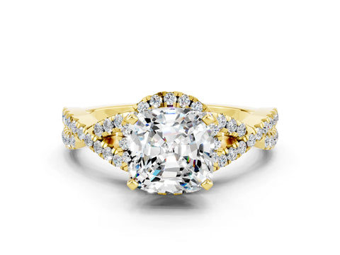 Yellow gold Cushion Cut Moissanite Halo Twist Band Solitaire Prong Setting Ring