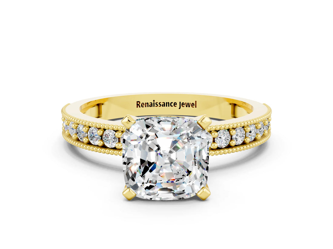 Yellow gold Cushion Cut Moissanite Milgrain Pavé Engagement Ring with Four-Prong Setting_12