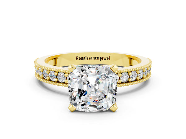 Yellow gold Cushion Cut Moissanite Milgrain Pavé Engagement Ring with Four-Prong Setting