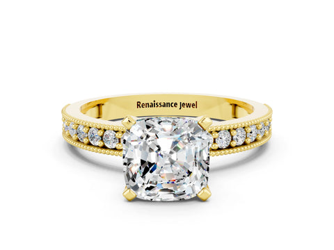 Yellow gold Cushion Cut Moissanite Milgrain Pavé Engagement Ring with Four-Prong Setting_12