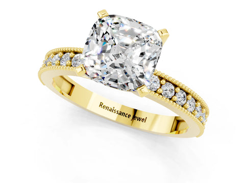 Yellow gold Cushion Cut Moissanite Milgrain Pavé Engagement Ring with Four-Prong Setting_13