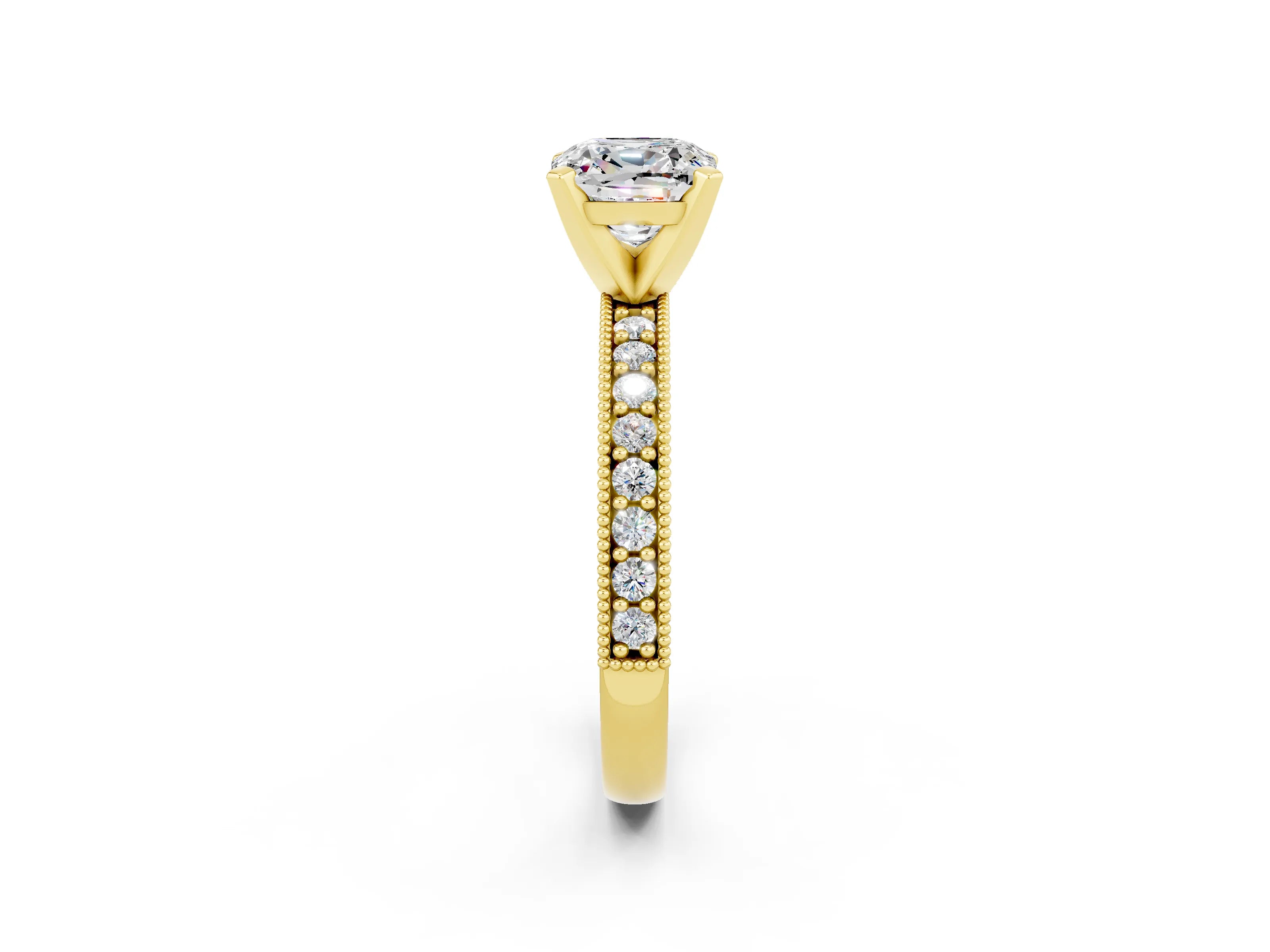 Yellow gold Cushion Cut Moissanite Milgrain Pavé Engagement Ring with Four-Prong Setting_14