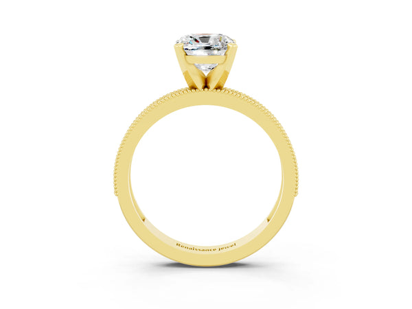 Yellow gold Cushion Cut Moissanite Milgrain Pavé Engagement Ring with Four-Prong Setting
