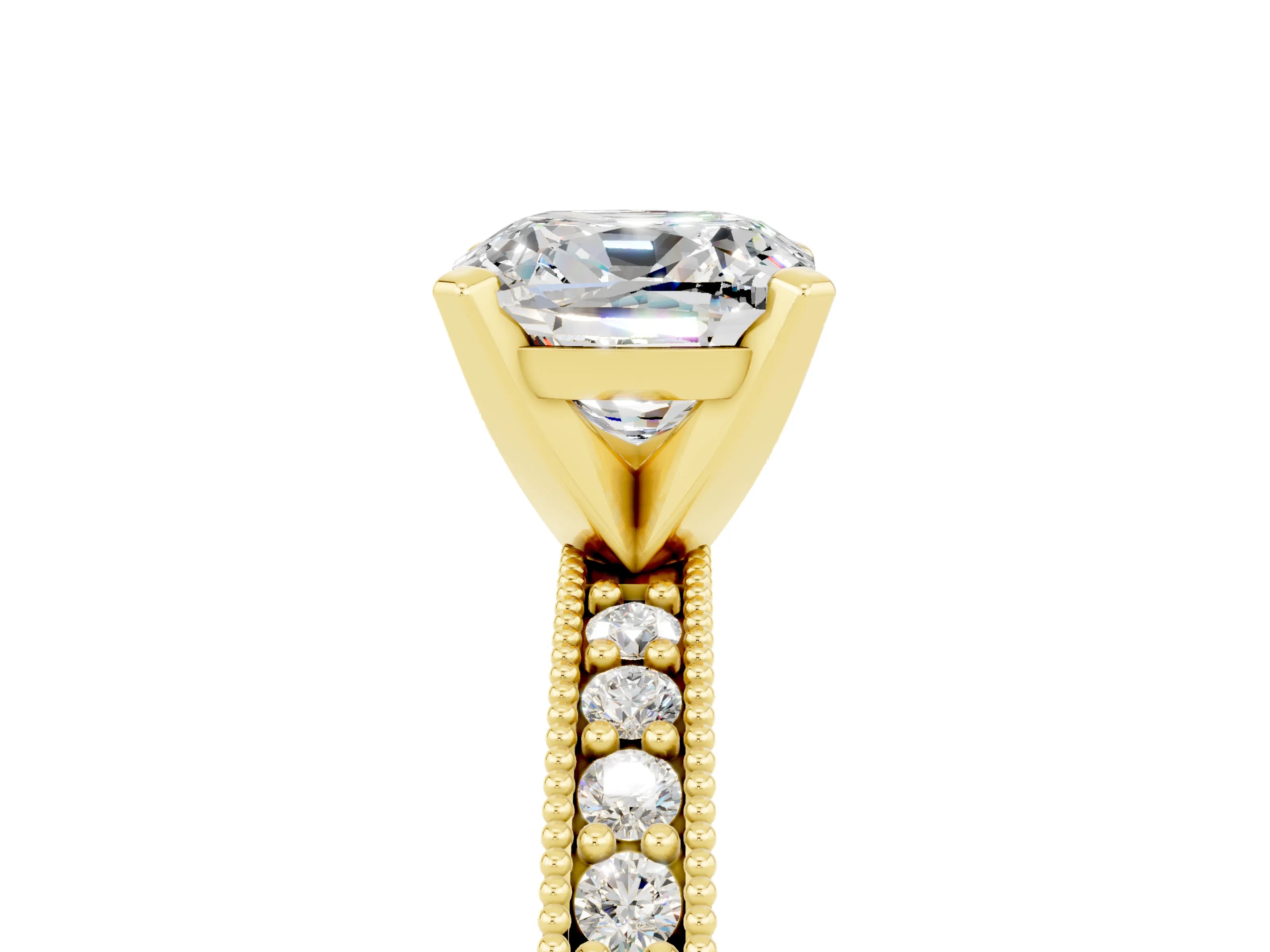 Yellow gold Cushion Cut Moissanite Milgrain Pavé Engagement Ring with Four-Prong Setting_17