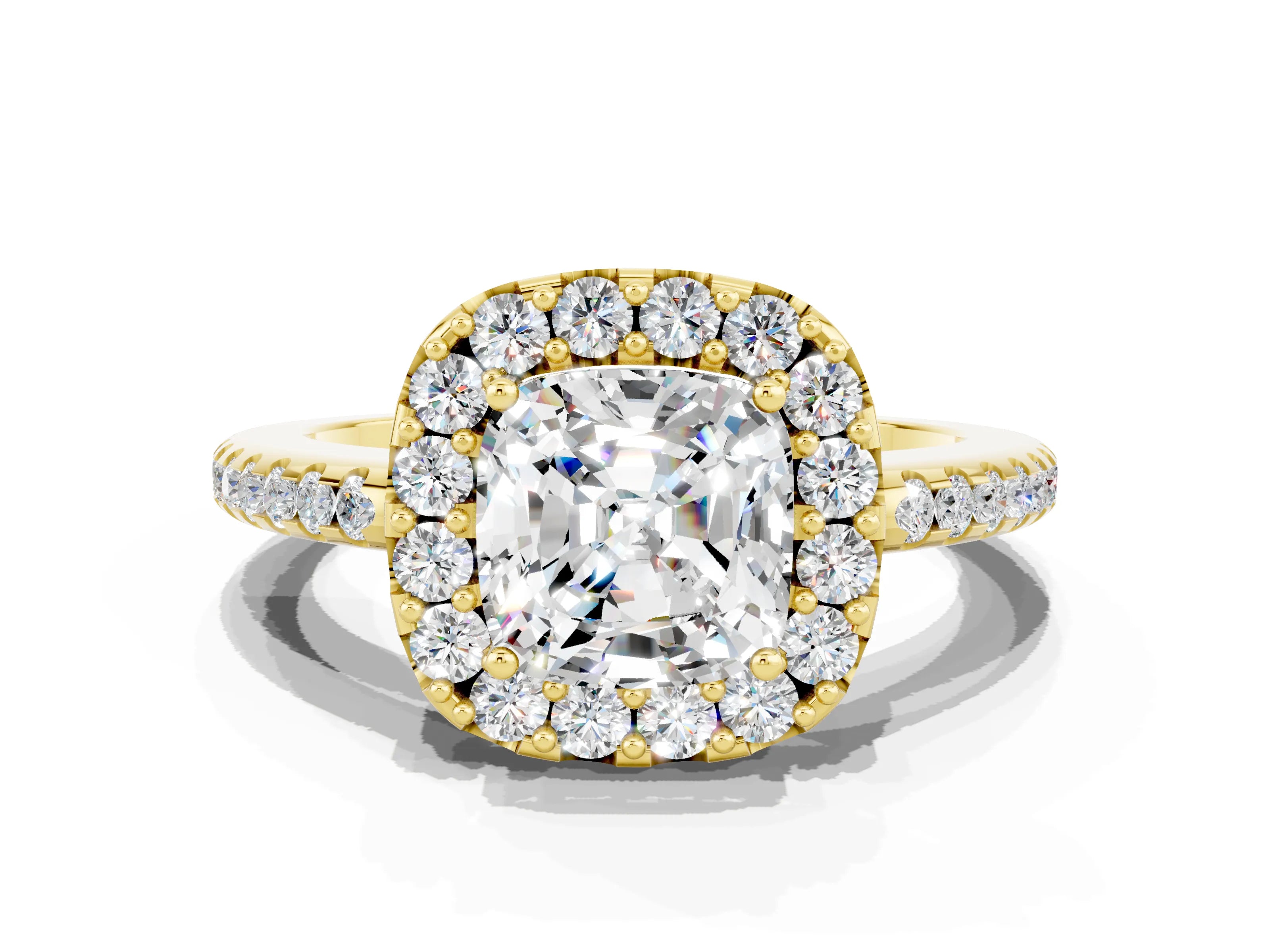 Yellow gold Cushion Cut Moissanite Pavé Halo Ring with Four-Prong Setting_12