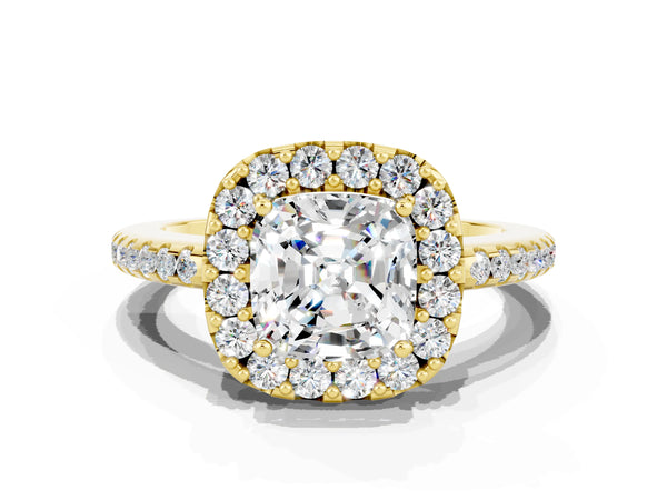 Yellow gold Cushion Cut Moissanite Pavé Halo Ring with Four-Prong Setting