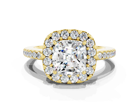 Yellow gold Cushion Cut Moissanite Pavé Halo Ring with Four-Prong Setting_12