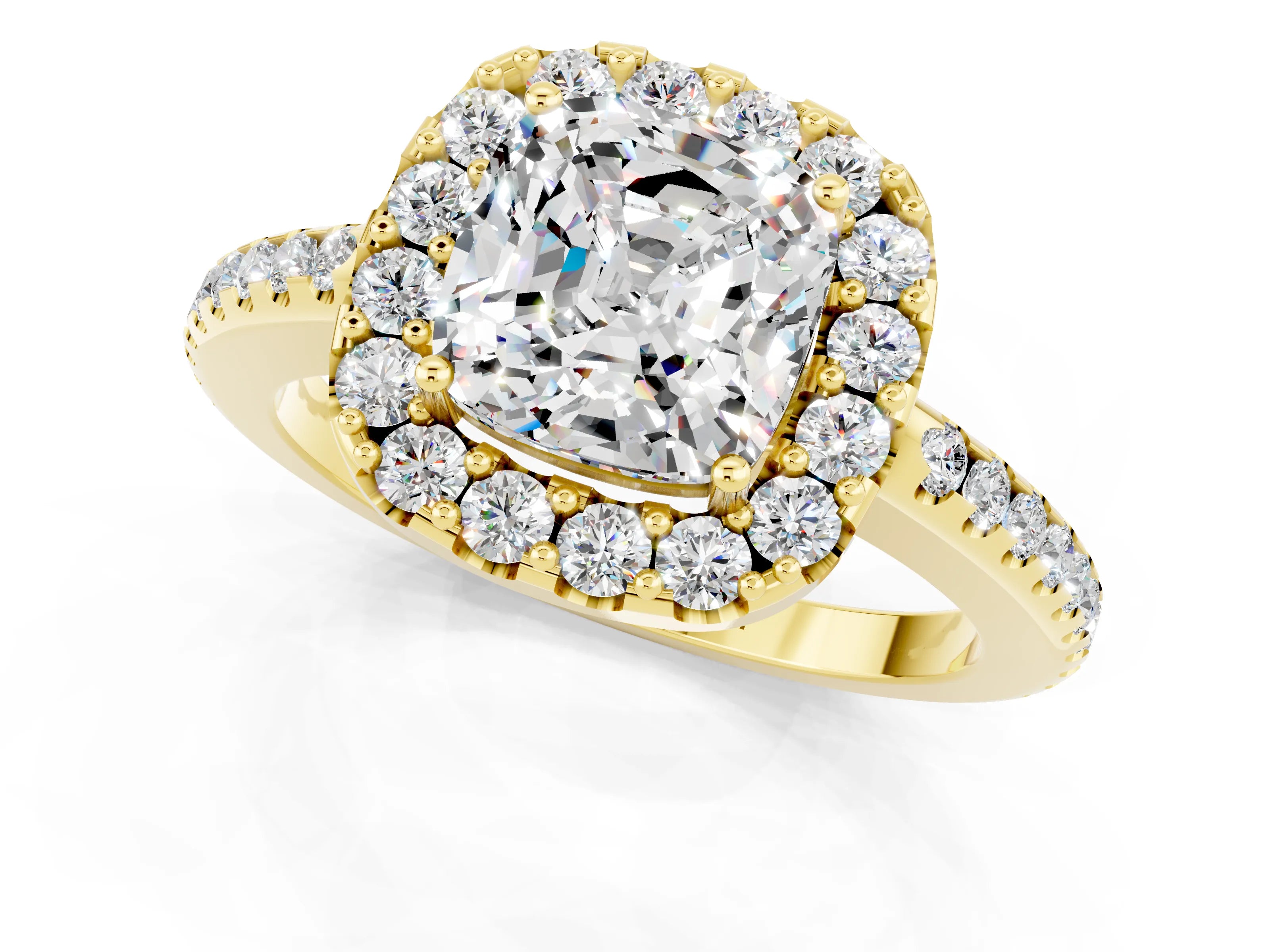 Yellow gold Cushion Cut Moissanite Pavé Halo Ring with Four-Prong Setting_13