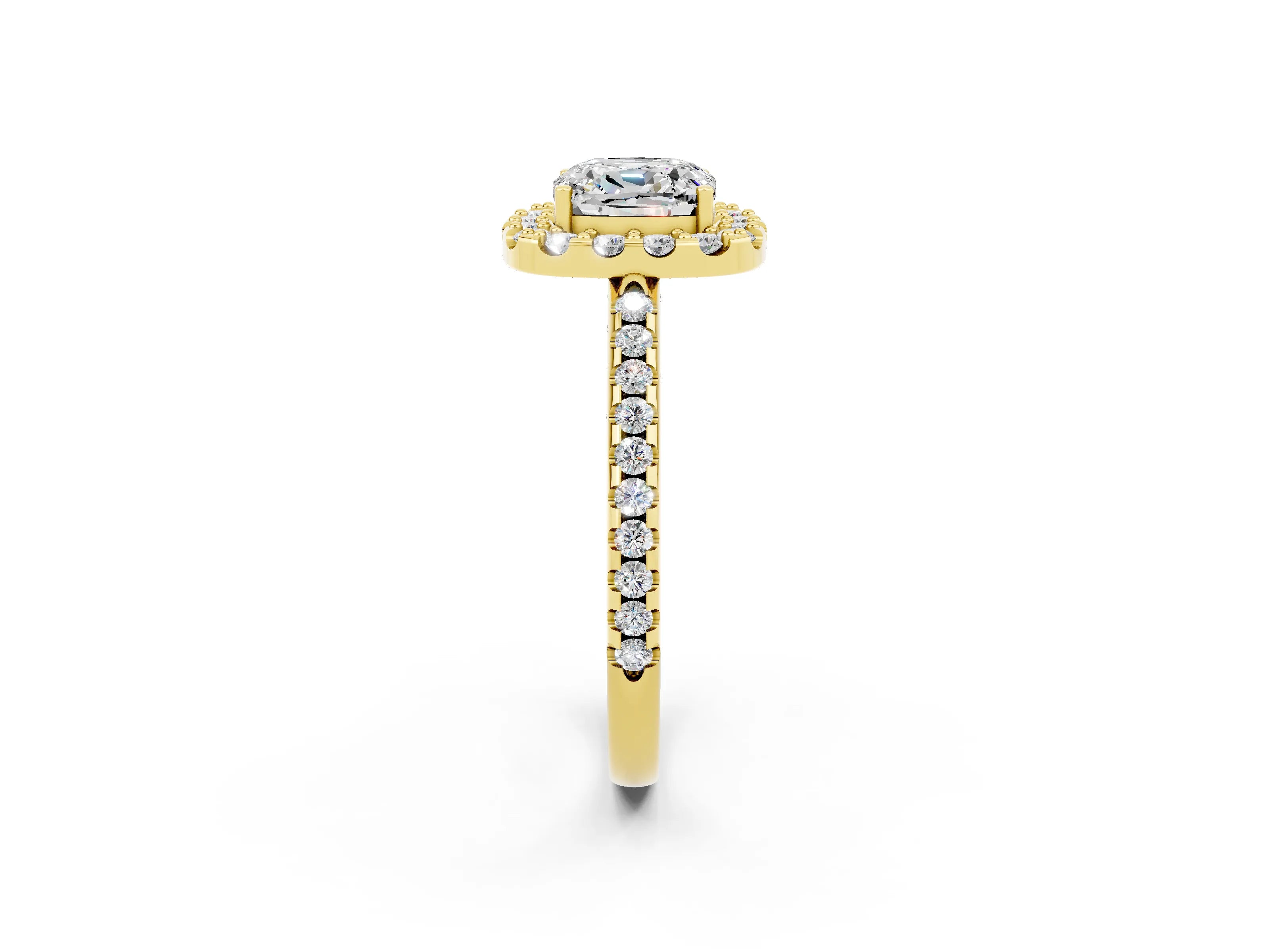 Yellow gold Cushion Cut Moissanite Pavé Halo Ring with Four-Prong Setting_14