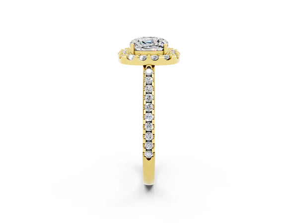 Yellow gold Cushion Cut Moissanite Pavé Halo Ring with Four-Prong Setting