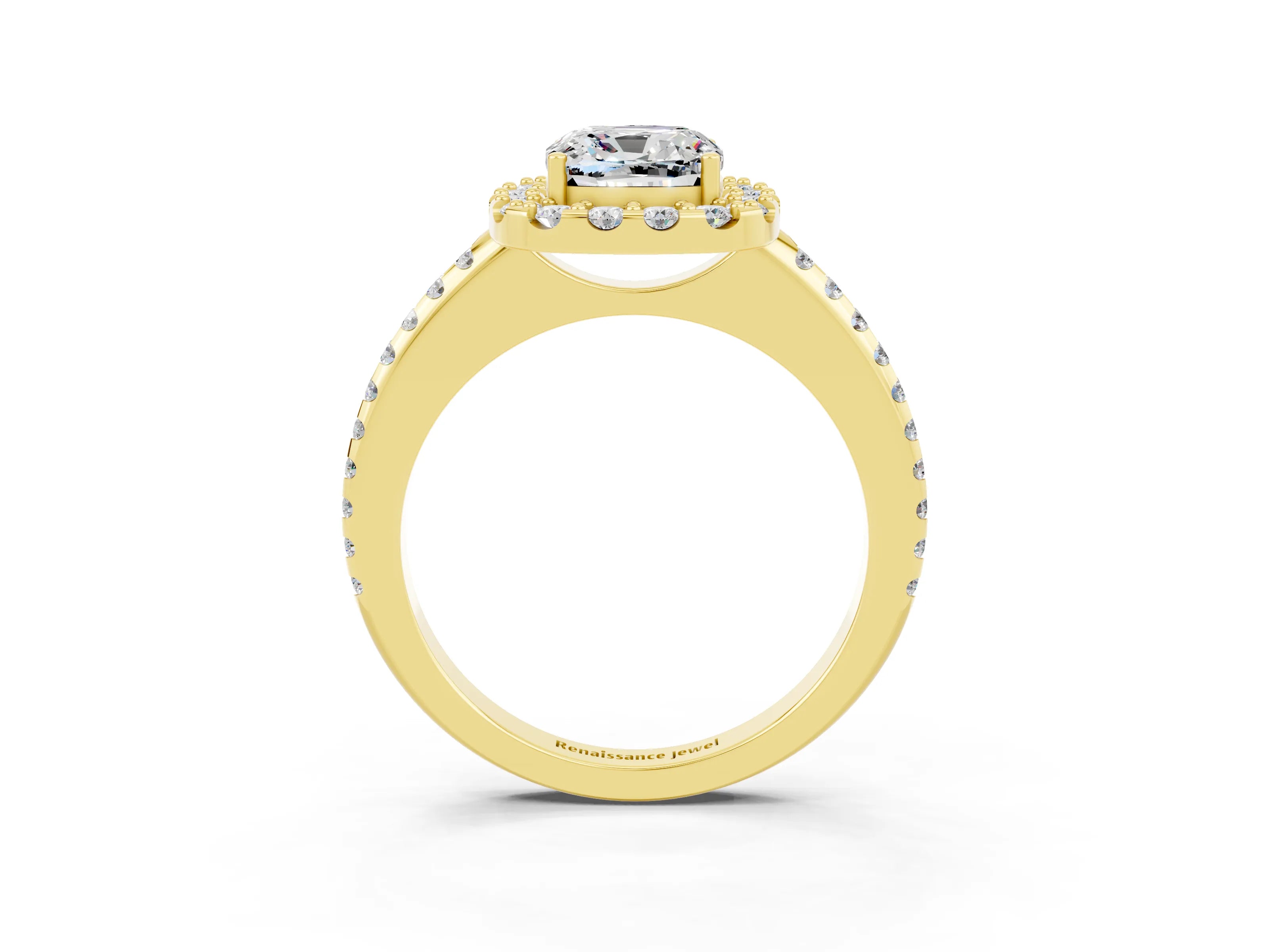 Yellow gold Cushion Cut Moissanite Pavé Halo Ring with Four-Prong Setting_15