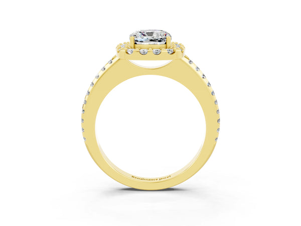 Yellow gold Cushion Cut Moissanite Pavé Halo Ring with Four-Prong Setting