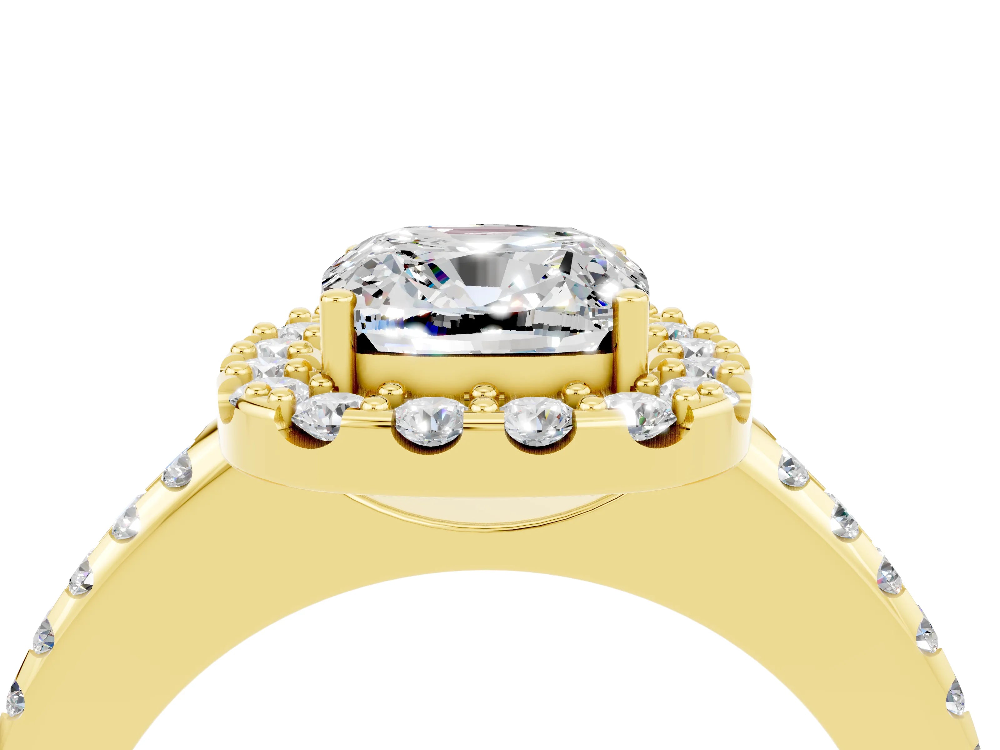Yellow gold Cushion Cut Moissanite Pavé Halo Ring with Four-Prong Setting_16
