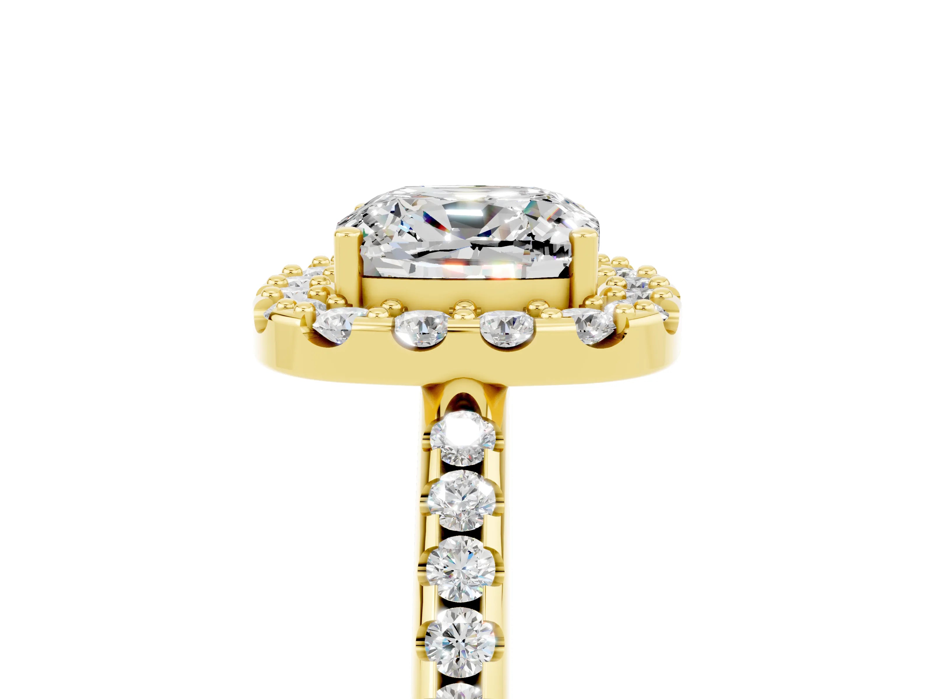 Yellow gold Cushion Cut Moissanite Pavé Halo Ring with Four-Prong Setting_17
