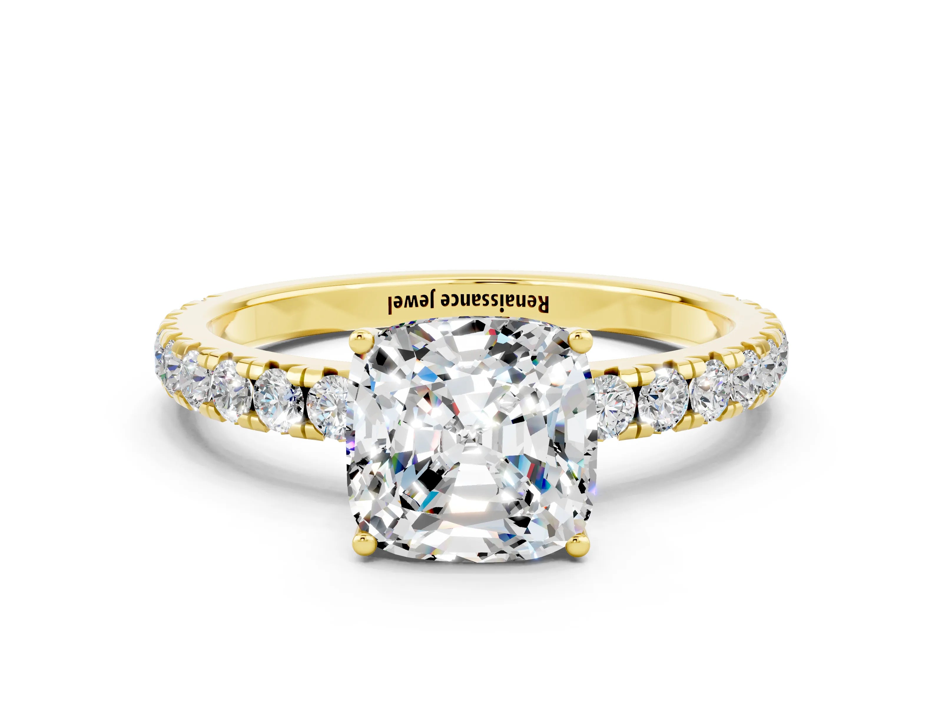 Yellow gold Cushion Cut Moissanite Pavé Solitaire Engagement Ring with Four-Prong Setting_12