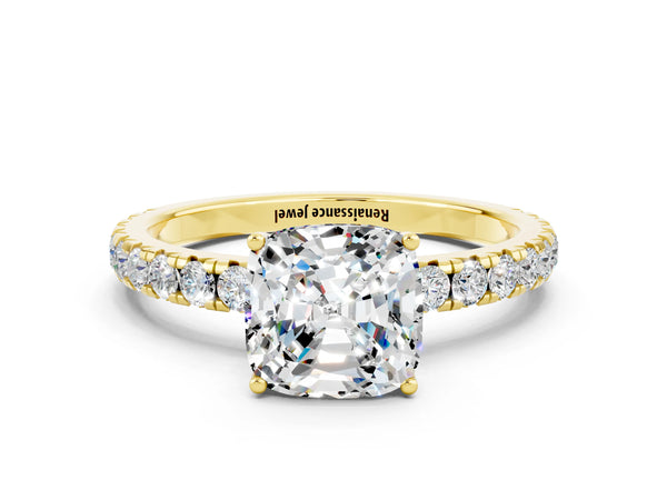 Yellow gold Cushion Cut Moissanite Pavé Solitaire Engagement Ring with Four-Prong Setting