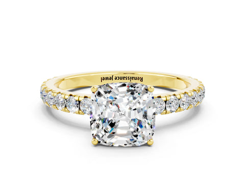 Yellow gold Cushion Cut Moissanite Pavé Solitaire Engagement Ring with Four-Prong Setting_12