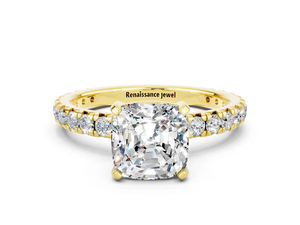 Yellow gold Cushion Cut Moissanite Pavé Solitaire Ring with Round Band and Prong Setting