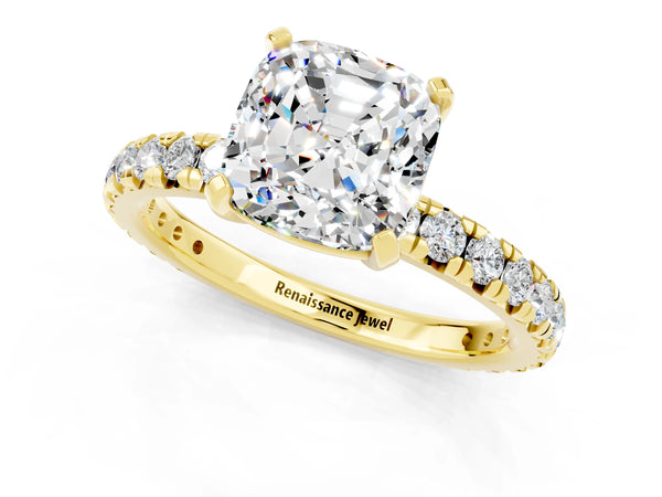 Yellow gold Cushion Cut Moissanite Pavé Solitaire Ring with Round Band and Prong Setting