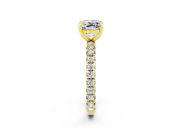 Yellow gold Cushion Cut Moissanite Pavé Solitaire Ring with Round Band and Prong Setting