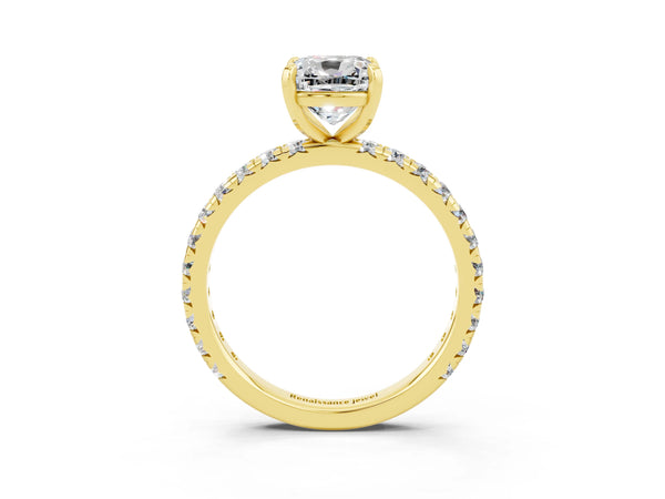 Yellow gold Cushion Cut Moissanite Pavé Solitaire Ring with Round Band and Prong Setting