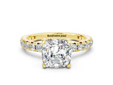 Yellow gold Cushion Cut Moissanite Pavé Solitaire Ring with Round Band and Prong Setting_24