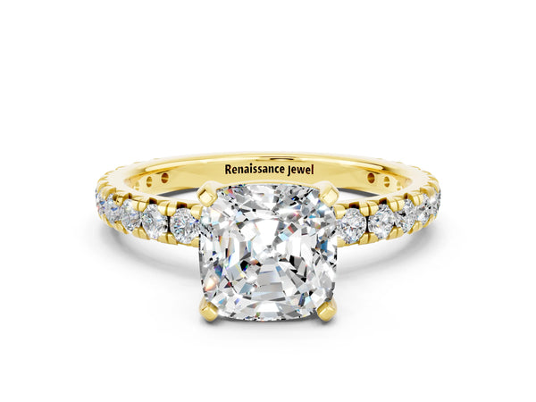 Yellow gold Cushion Cut Moissanite Pavé Solitaire Ring with Round Band and Prong Setting