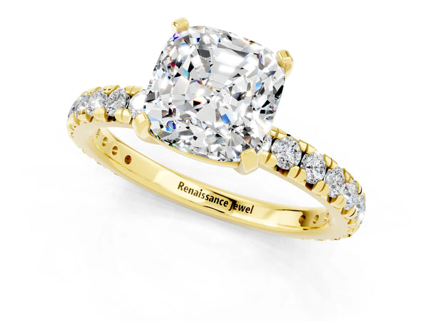 Yellow gold Cushion Cut Moissanite Pavé Solitaire Ring with Round Band and Prong Setting