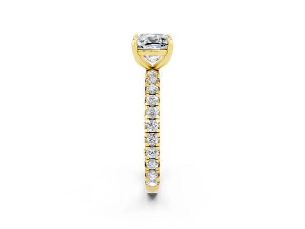 Yellow gold Cushion Cut Moissanite Pavé Solitaire Ring with Round Band and Prong Setting
