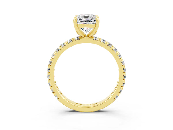 Yellow gold Cushion Cut Moissanite Pavé Solitaire Ring with Round Band and Prong Setting