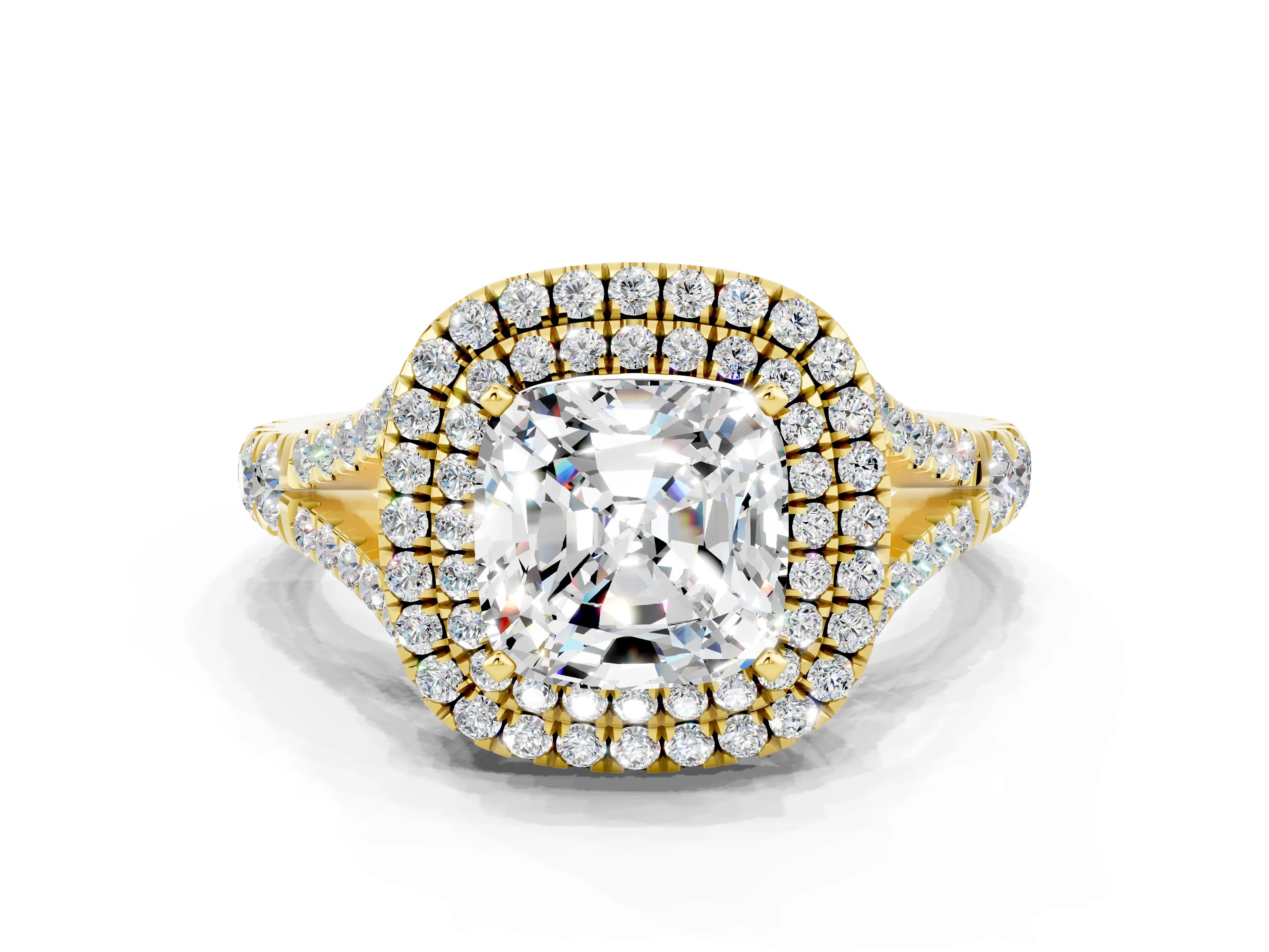Yellow gold Cushion Cut Moissanite Pavé Split Shank Double Halo Engagement Ring