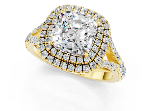 Yellow gold Cushion Cut Moissanite Pavé Split Shank Double Halo Engagement Ring_1