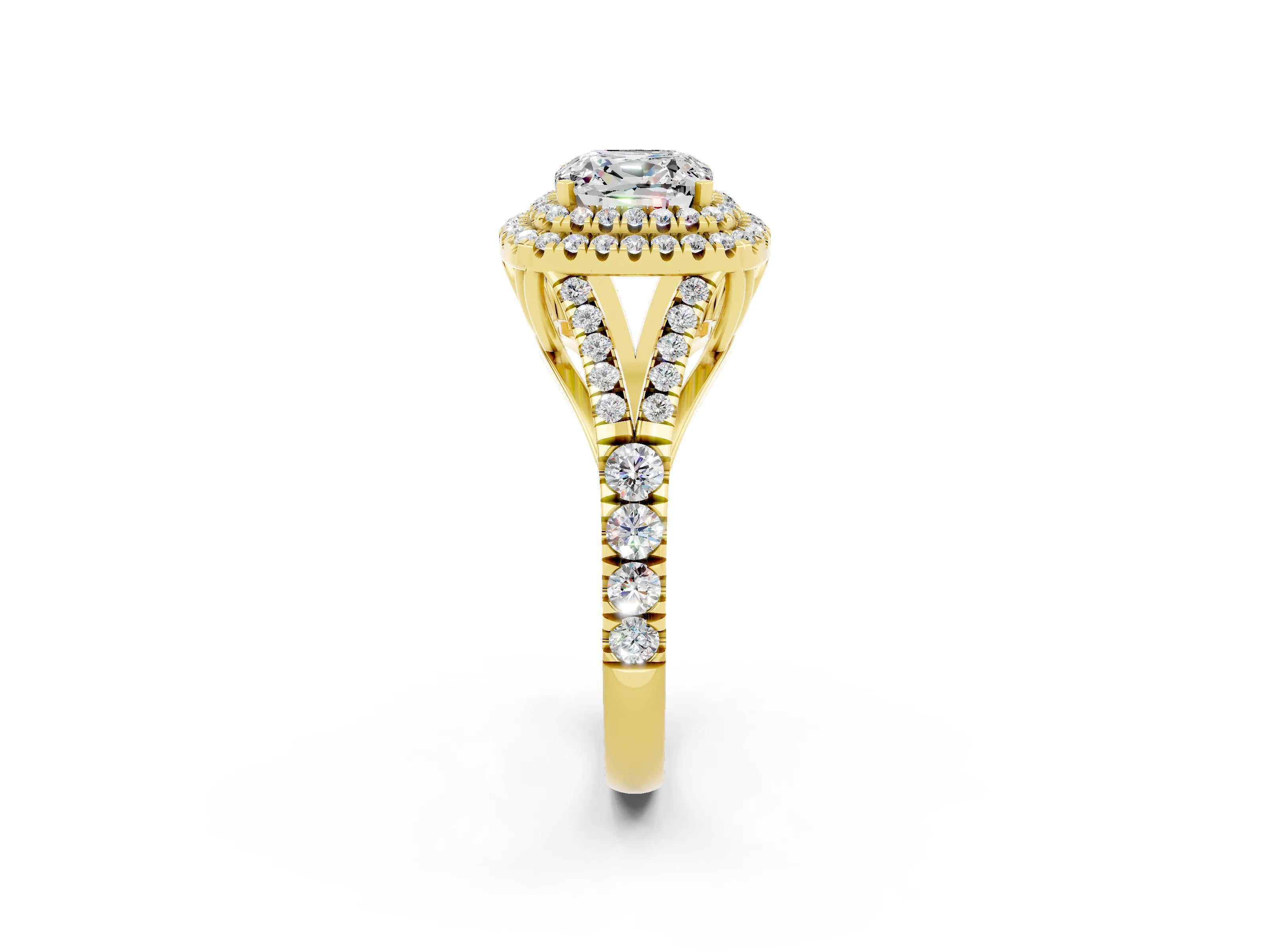 Yellow gold Cushion Cut Moissanite Pavé Split Shank Double Halo Engagement Ring_2