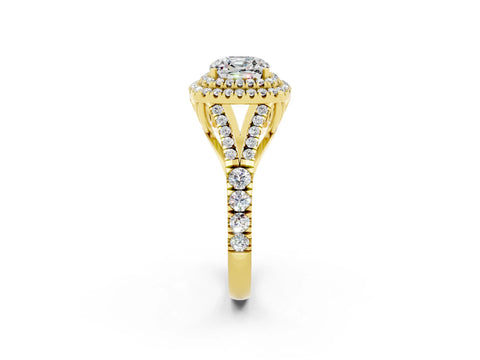 Yellow gold Cushion Cut Moissanite Pavé Split Shank Double Halo Engagement Ring_2