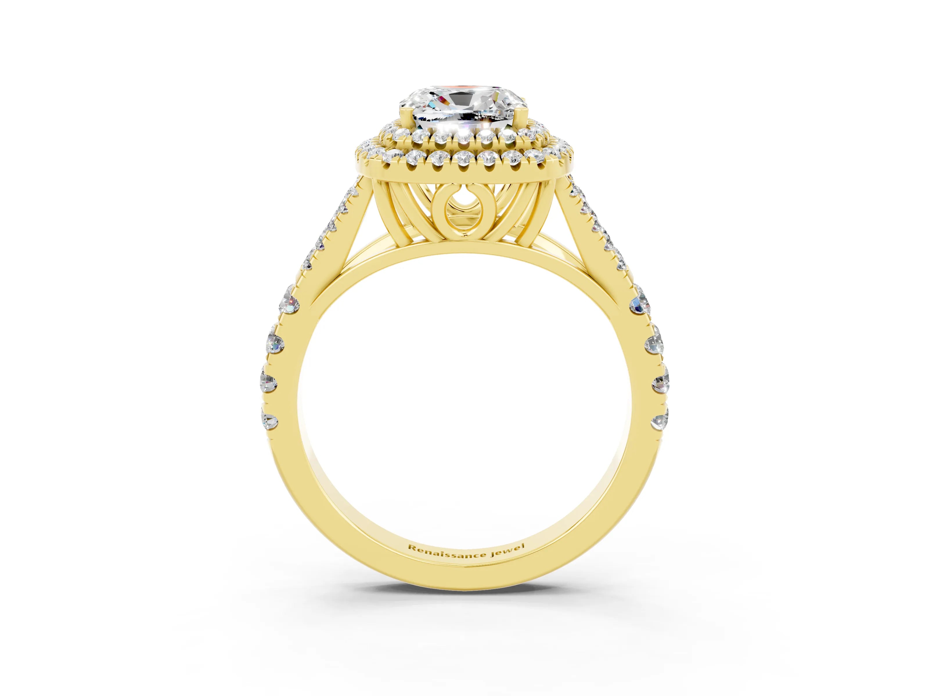 Yellow gold Cushion Cut Moissanite Pavé Split Shank Double Halo Engagement Ring_3