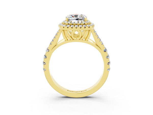 Yellow gold Cushion Cut Moissanite Pavé Split Shank Double Halo Engagement Ring