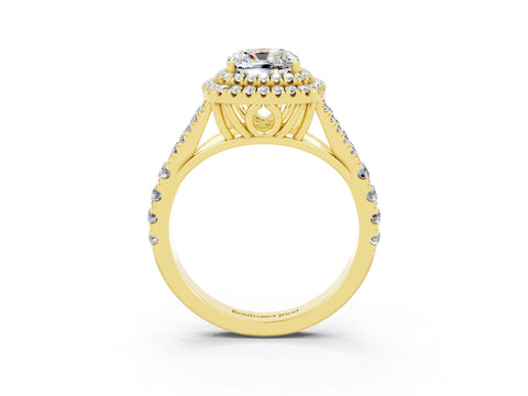 Yellow gold Cushion Cut Moissanite Pavé Split Shank Double Halo Engagement Ring_3