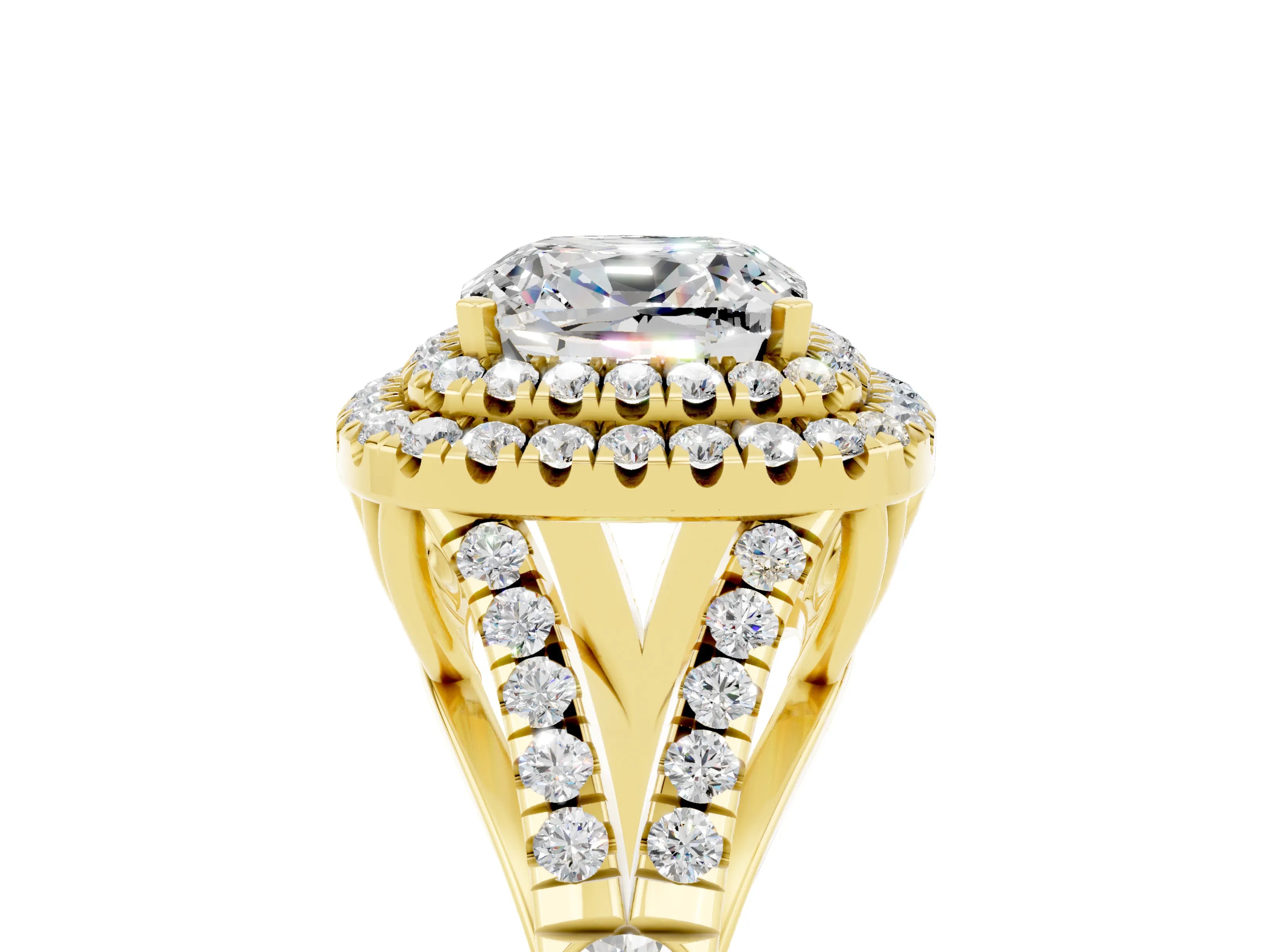 Yellow gold Cushion Cut Moissanite Pavé Split Shank Double Halo Engagement Ring_5