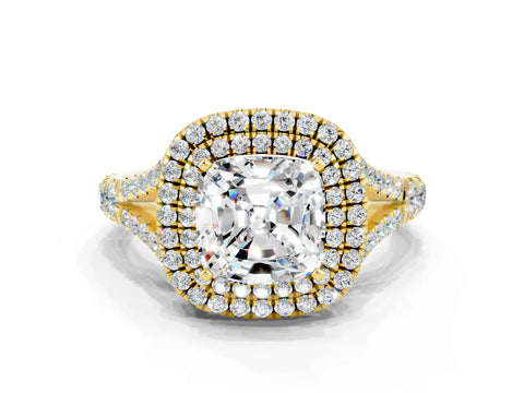 Yellow gold Cushion Cut Moissanite Pavé Split Shank Double Halo Engagement Ring