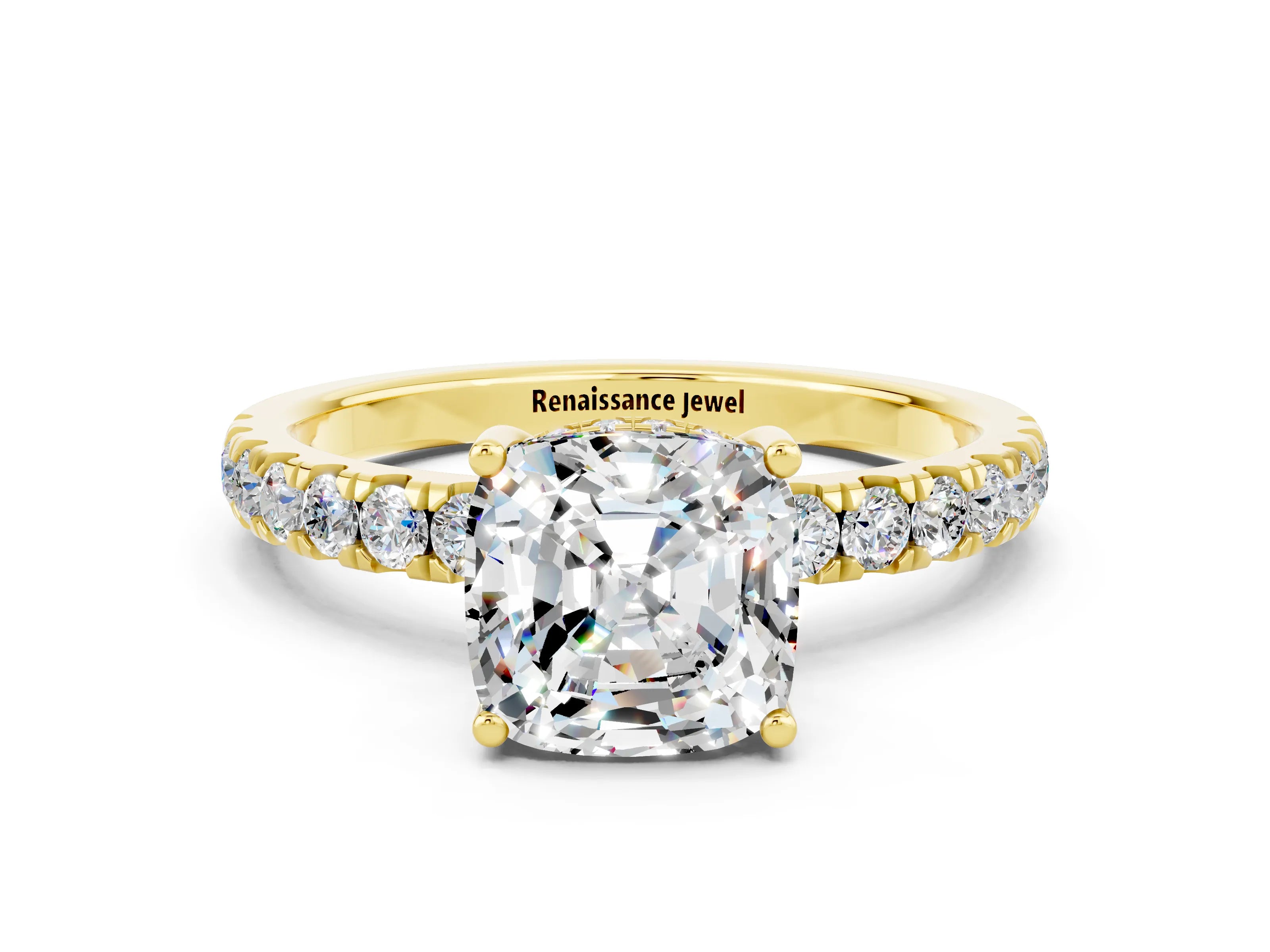 Yellow gold Cushion Cut Moissanite Pave Band Solitaire Ring with Four-Prong Setting_24