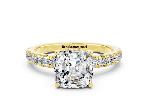 Yellow gold Cushion Cut Moissanite Pave Band Solitaire Ring with Four-Prong Setting_24