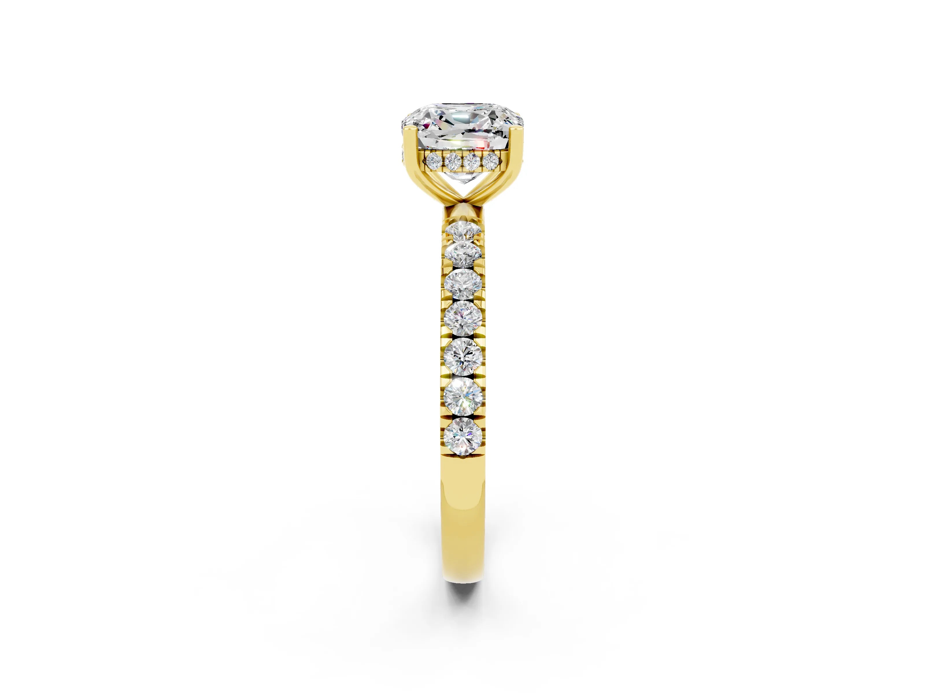 Yellow gold Cushion Cut Moissanite Pave Band Solitaire Ring with Four-Prong Setting_26
